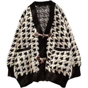 image:imagechouyatou Womens Cute Houndstooth Plaid Horn Button Color Block Knitted Cardigan Sweaters with PocketsBlack