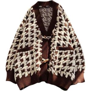 image:imagechouyatou Womens Cute Houndstooth Plaid Horn Button Color Block Knitted Cardigan Sweaters with PocketsCoffee