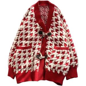 image:imagechouyatou Womens Cute Houndstooth Plaid Horn Button Color Block Knitted Cardigan Sweaters with PocketsRed