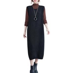image:imagechouyatou Womens Cute Sleeveless Overall Knit Sweater Dress Jumper Midi Crewneck Maxi Long Tank DressBlack