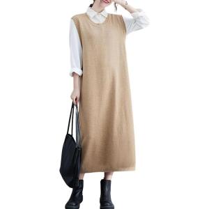image:imagechouyatou Womens Cute Sleeveless Overall Knit Sweater Dress Jumper Midi Crewneck Maxi Long Tank DressKhaki