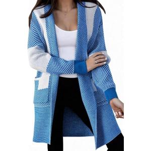 image:imagechouyatou Womens Diagonal Stripe Midi Long Cardigan Sweaters Open Front Color Block Chunky Knit CoatiganBlue