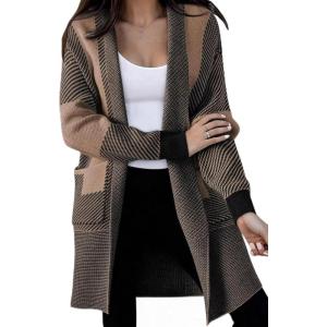 image:imagechouyatou Womens Diagonal Stripe Midi Long Cardigan Sweaters Open Front Color Block Chunky Knit CoatiganBrown
