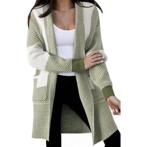 image:imagechouyatou Womens Diagonal Stripe Midi Long Cardigan Sweaters Open Front Color Block Chunky Knit CoatiganGreen