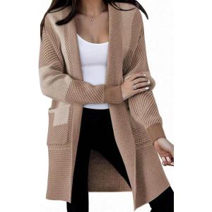 image:imagechouyatou Womens Diagonal Stripe Midi Long Cardigan Sweaters Open Front Color Block Chunky Knit CoatiganKhaki
