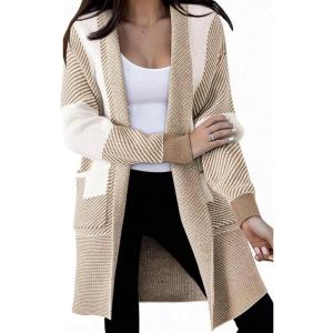 image:imagechouyatou Womens Diagonal Stripe Midi Long Cardigan Sweaters Open Front Color Block Chunky Knit CoatiganLight Khaki