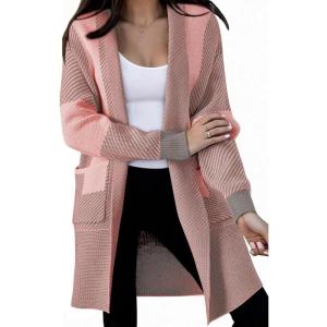 image:imagechouyatou Womens Diagonal Stripe Midi Long Cardigan Sweaters Open Front Color Block Chunky Knit CoatiganPink