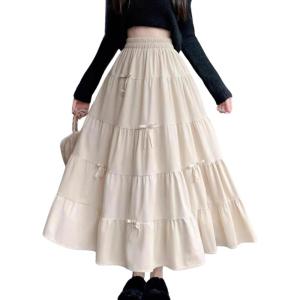 image:imagechouyatou Womens Elastic High Waist Velvet Skirt Cute Pleated A Line Flared Midi Tiered Skirt with BowknotApricot