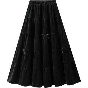 image:imagechouyatou Womens Elastic High Waist Velvet Skirt Cute Pleated A Line Flared Midi Tiered Skirt with BowknotBlack
