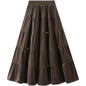 image:imagechouyatou Womens Elastic High Waist Velvet Skirt Cute Pleated A Line Flared Midi Tiered Skirt with BowknotBrown