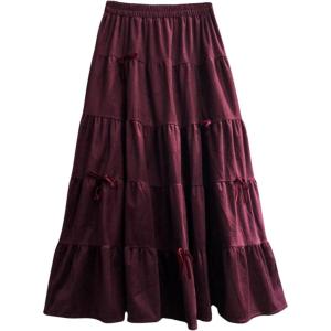 image:imagechouyatou Womens Elastic High Waist Velvet Skirt Cute Pleated A Line Flared Midi Tiered Skirt with BowknotBurgundy