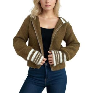 image:imagechouyatou Womens Fall Contrast Color Sweater Cardigan Sailor Collar Zip Up Cropped Cardigan JacketBrown