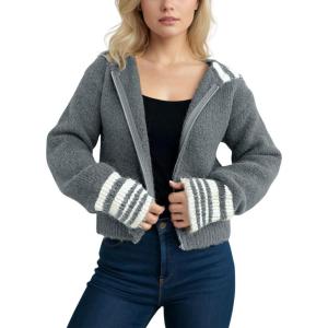image:imagechouyatou Womens Fall Contrast Color Sweater Cardigan Sailor Collar Zip Up Cropped Cardigan JacketGrey