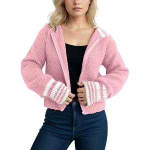 image:imagechouyatou Womens Fall Contrast Color Sweater Cardigan Sailor Collar Zip Up Cropped Cardigan JacketPink