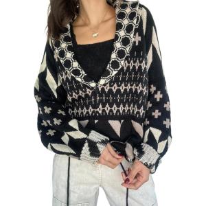 image:imagechouyatou Womens Fall Geometric Pattern Sweater Cardigan Shawl Collar Chunky Knit Coatigan with PocketsBlack