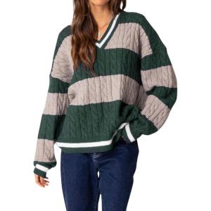 image:imagechouyatou Womens Fall Knitwear 2025 VNeck Pullover Sweater Color Block Cable Knit Sweaters Jumper TopsBlackish Green