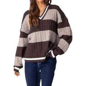 image:imagechouyatou Womens Fall Knitwear 2025 VNeck Pullover Sweater Color Block Cable Knit Sweaters Jumper TopsCoffee
