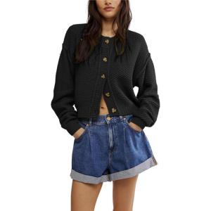 image:imagechouyatou Womens Fall Y2K Long Sleeve Button Down Cardigan Sweater Loose Casual Ribbed Knit Crop CardiganBlack