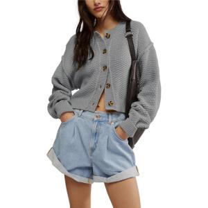 image:imagechouyatou Womens Fall Y2K Long Sleeve Button Down Cardigan Sweater Loose Casual Ribbed Knit Crop CardiganGrey