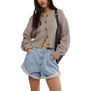 image:imagechouyatou Womens Fall Y2K Long Sleeve Button Down Cardigan Sweater Loose Casual Ribbed Knit Crop CardiganKhaki