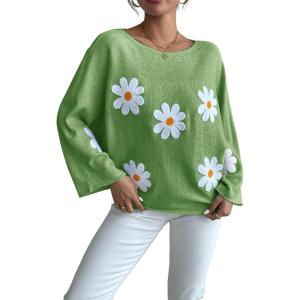 image:imagechouyatou Womens Floral Print Pullover Sweaters Cute Flower Embroidered Batwing Sleeve Loose Fit Cropped Sweater TopLight Green