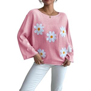 image:imagechouyatou Womens Floral Print Pullover Sweaters Cute Flower Embroidered Batwing Sleeve Loose Fit Cropped Sweater TopPink