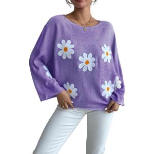 image:imagechouyatou Womens Floral Print Pullover Sweaters Cute Flower Embroidered Batwing Sleeve Loose Fit Cropped Sweater TopPurple