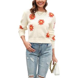 image:imagechouyatou Womens Fuzzy Crewneck Cropped Sweater Cute Daisy Long Sleeve Sweater Pullover Jumper TopsApricot