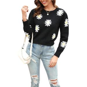image:imagechouyatou Womens Fuzzy Crewneck Cropped Sweater Cute Daisy Long Sleeve Sweater Pullover Jumper TopsBlack