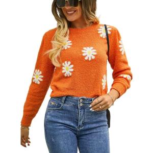 image:imagechouyatou Womens Fuzzy Crewneck Cropped Sweater Cute Daisy Long Sleeve Sweater Pullover Jumper TopsOrange