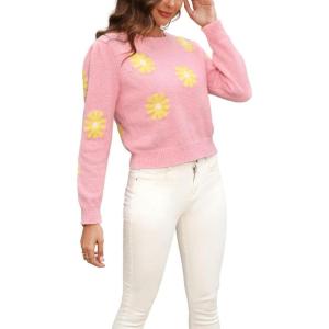 image:imagechouyatou Womens Fuzzy Crewneck Cropped Sweater Cute Daisy Long Sleeve Sweater Pullover Jumper TopsPink
