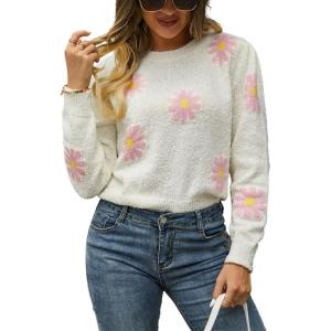 image:imagechouyatou Womens Fuzzy Crewneck Cropped Sweater Cute Daisy Long Sleeve Sweater Pullover Jumper TopsWhite