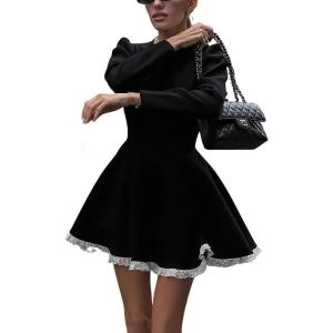 image:imagechouyatou Womens Long Sleeve Sweater Pleated Mini Dress Sexy Lace Trim A Line Flare Pullover Knit Short DressesBlack