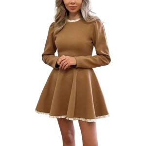 image:imagechouyatou Womens Long Sleeve Sweater Pleated Mini Dress Sexy Lace Trim A Line Flare Pullover Knit Short DressesKhaki