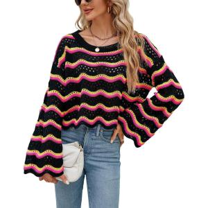 image:imagechouyatou Womens Oversized Striped Color Block Sweater Bell Long Sleeve Crochet Sweater Crop TopsBlack