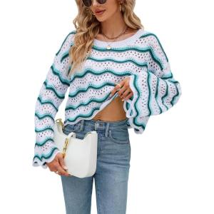 image:imagechouyatou Womens Oversized Striped Color Block Sweater Bell Long Sleeve Crochet Sweater Crop TopsGreen