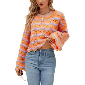 image:imagechouyatou Womens Oversized Striped Color Block Sweater Bell Long Sleeve Crochet Sweater Crop TopsOrange