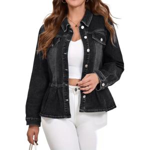 image:imagechouyatou Womens Peplum Denim Jacket Long Sleeve Button Down Ruffle Hem Jean Jacket CoatBlack