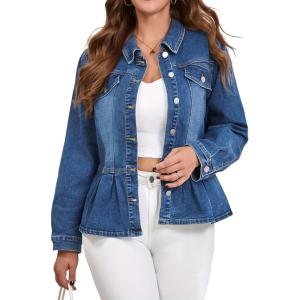 image:imagechouyatou Womens Peplum Denim Jacket Long Sleeve Button Down Ruffle Hem Jean Jacket CoatDark Blue
