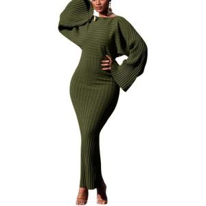 image:imagechouyatou Womens Sexy Bell Long Sleeve Sweater Dress Bodycon Ribbed Knit Maxi Pullover Sweater DressArmy Green