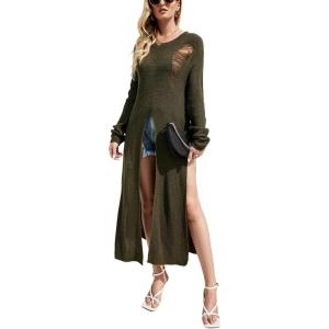 image:imagechouyatou Womens Sexy Long Sleeve Ripped Sweater Elegant Scoop Neck High Slit Maxi Sweater DressDark Green