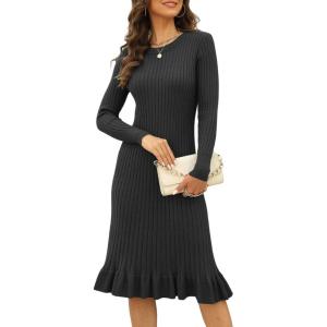 image:imagechouyatou Womens Sexy Stretch Bodycon Sweater Dress Long Sleeve Ruffle Hem Ribbed Knit Midi Long DressBlack