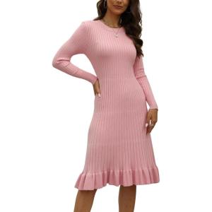 image:imagechouyatou Womens Sexy Stretch Bodycon Sweater Dress Long Sleeve Ruffle Hem Ribbed Knit Midi Long DressPink