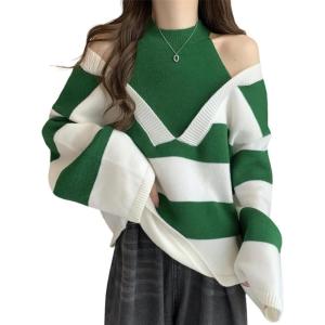 image:imagechouyatou Womens Sexy Y2k Creweck Cold Shoulder Sweater Color Block Striped Knit Pullover Jumper TopsGreen
