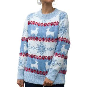 image:imagechouyatou Womens Snowflake Reindeer Pullover Sweater Color Block Fluffy Jumper TopsBlue