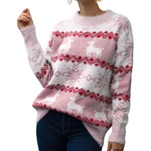 image:imagechouyatou Womens Snowflake Reindeer Pullover Sweater Color Block Fluffy Jumper TopsPink