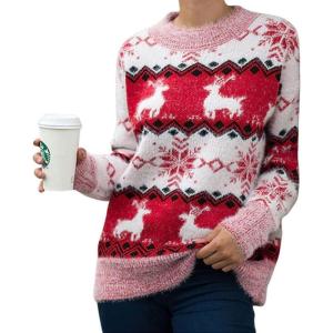 image:imagechouyatou Womens Snowflake Reindeer Pullover Sweater Color Block Fluffy Jumper TopsRed