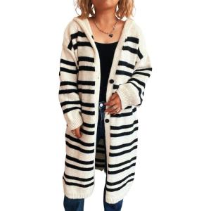 image:imagechouyatou Womens Striped Hooded Long Cardigans Color Block Button Down Oversize Knit Cardigan Sweater Jacket CoatBeige