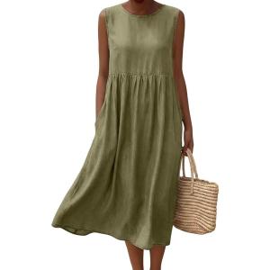 image:imagechouyatou Womens Summer Sleeveless Denim Pleated Midi Long Dress Loose Fit A Line Swing Boho Tank Sun Jean DressArmy Green