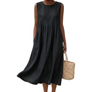 image:imagechouyatou Womens Summer Sleeveless Denim Pleated Midi Long Dress Loose Fit A Line Swing Boho Tank Sun Jean DressBlack